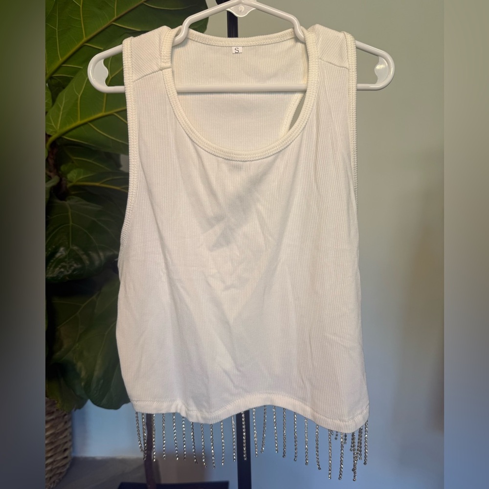 White Tank Top with Rhinestones Fringe Size Small